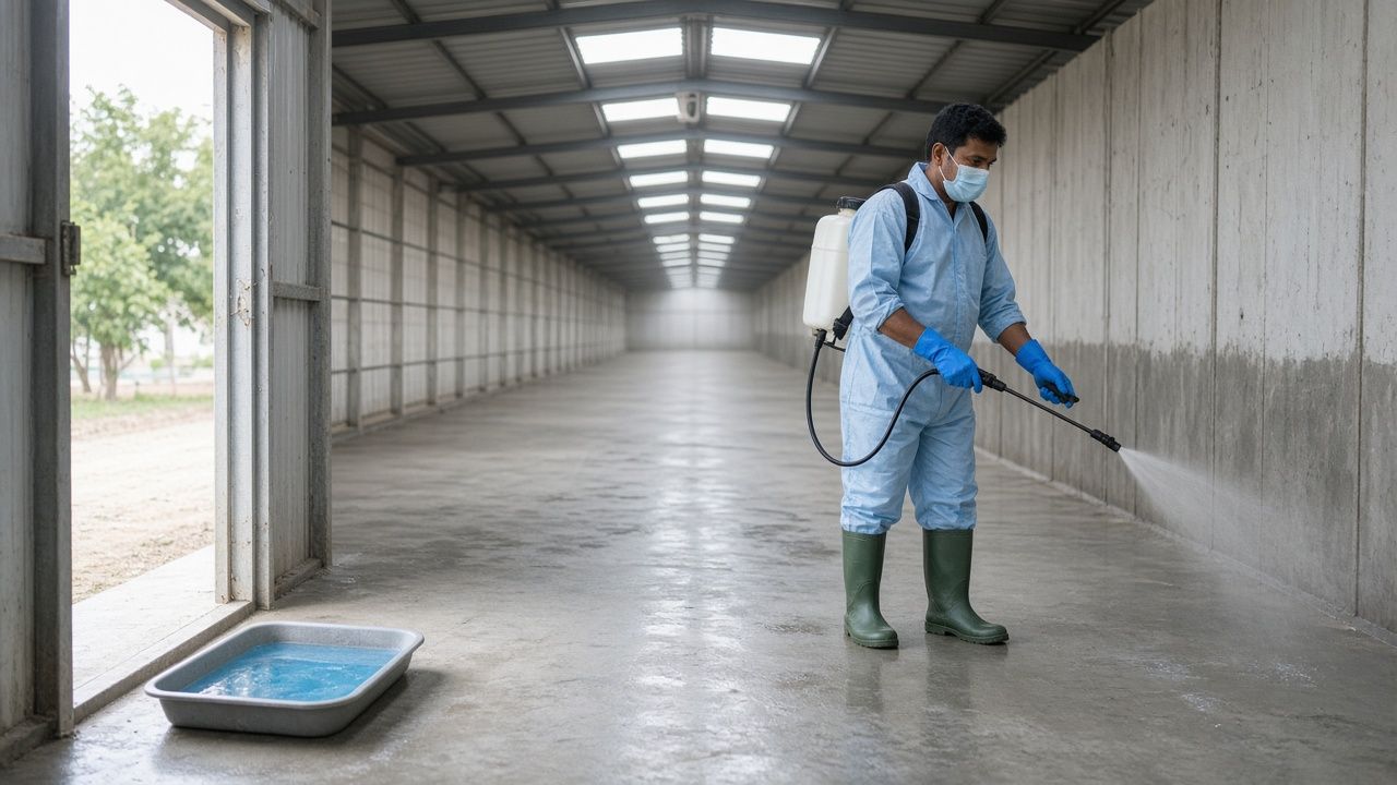 Indian poultry worker khaali shed mein disinfectant spray karte hue, darwaze par foot dip tray