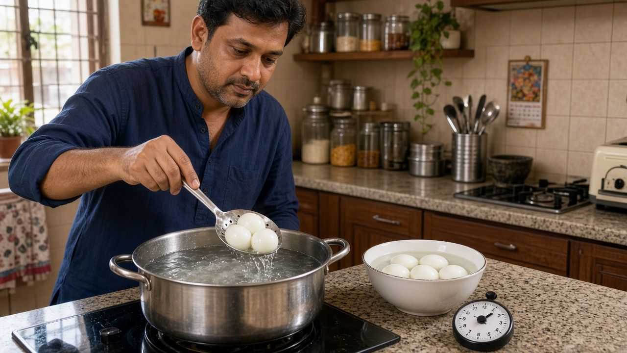 Indian aadmi ghar ki kitchen mein bartan se uble ande nikaalte hue, paas mein timer