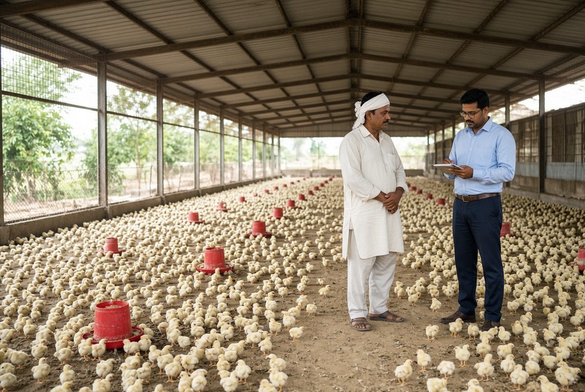 Indian broiler farm shed mein bahut saare chooze, Indian kisan aur supervisor baat karte hue