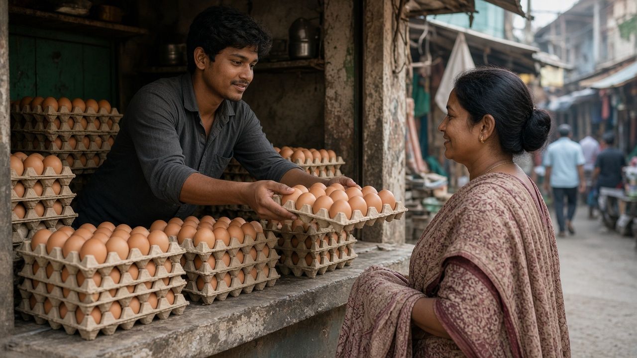 Bazaar ki ande ki dukaan par Indian dukaandaar mahila grahak ko ande ki tray dete hue