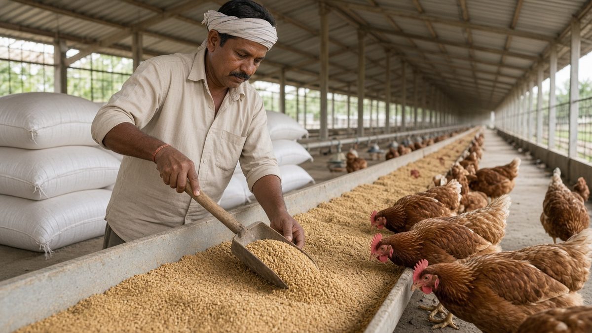 Indian poultry kisan shed mein trough mein feed daalte hue, brown murgiyan khaati hui