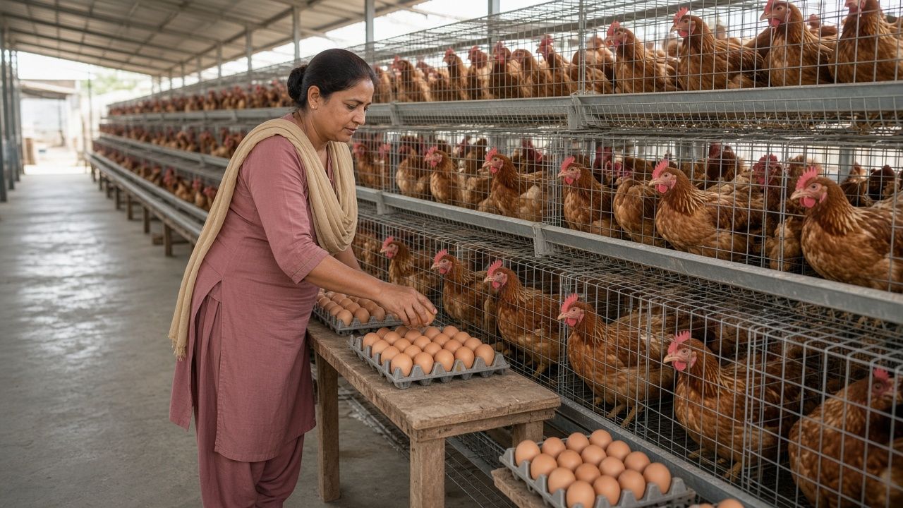Layer farm mein Indian mahila pinjron se brown ande trays mein ikattha karte hue