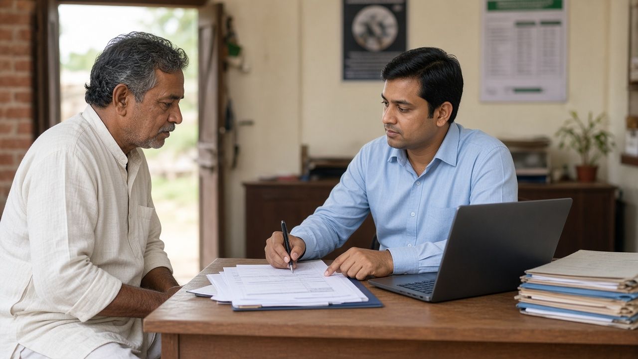 Gaon ke bank mein Indian kisaan poultry farm loan documents dekhte hue