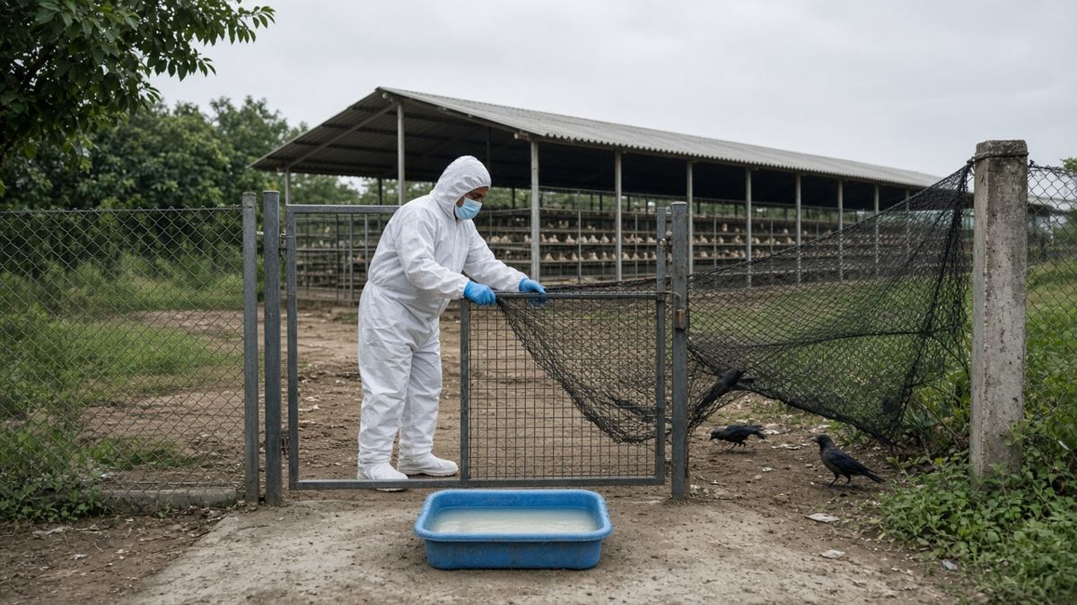 Farm gate par safed coverall aur mask mein Indian kaamgaar jangli pakshiyon ko rokne ke liye jaal lagaate hue, foot dip tray