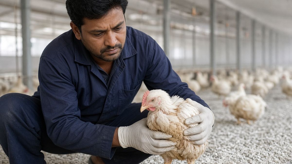 Indian pashu chikitsak gloves pehne shed mein ek susti broiler murgi ki jaanch karte hue