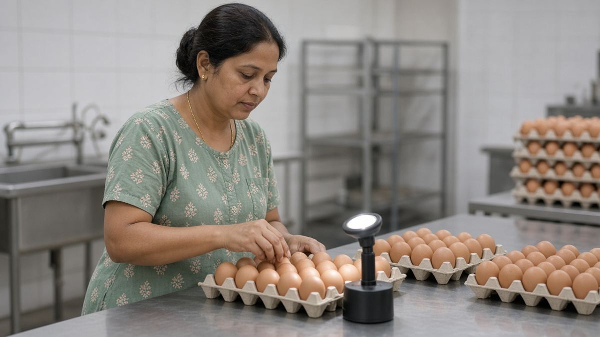 Saaf packing room mein Indian mahila brown ande size ke hisaab se trays mein chhaante hue