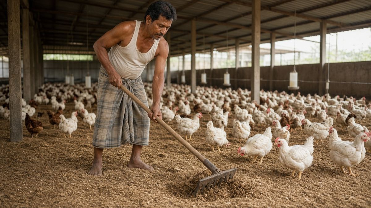 Broiler shed mein Indian kaamgaar dhaan ki bhoosi ki litter ko rake se palatte hue