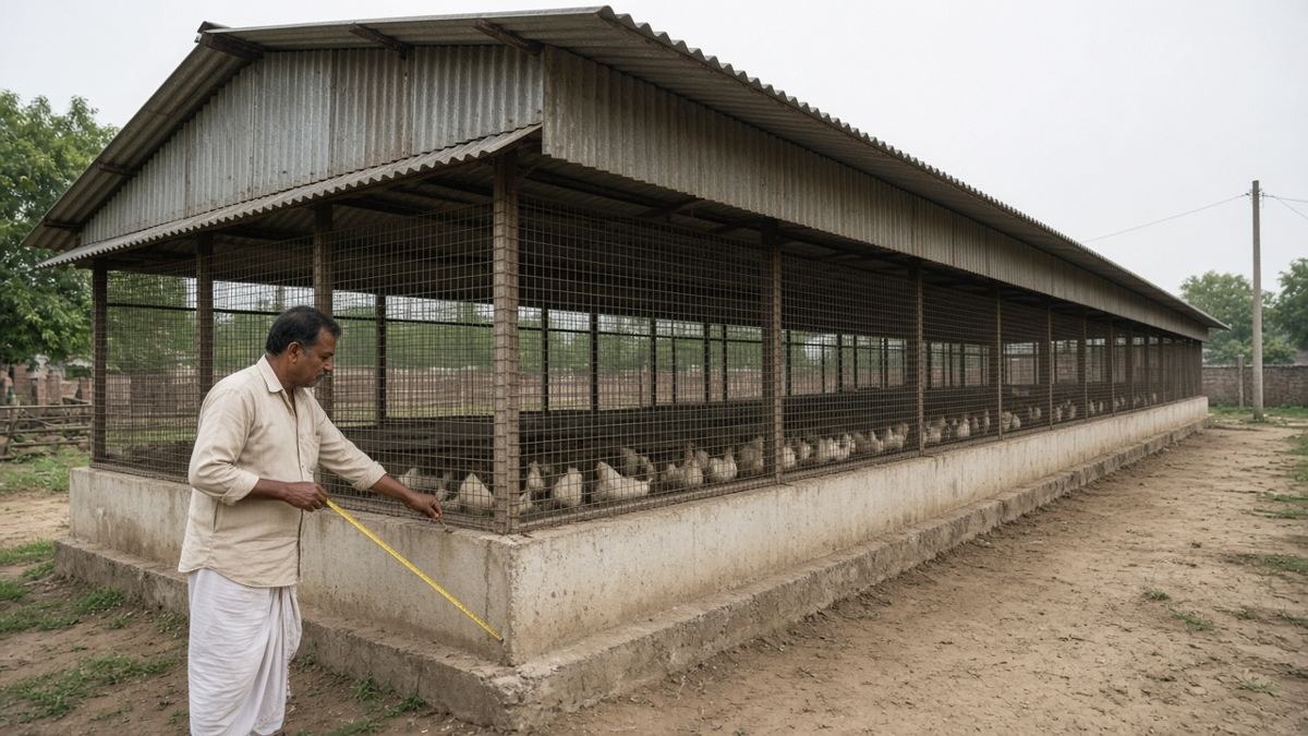 UP ke gaon mein khula poultry shed, wire mesh deewar, Indian kisaan tape se naapte hue
