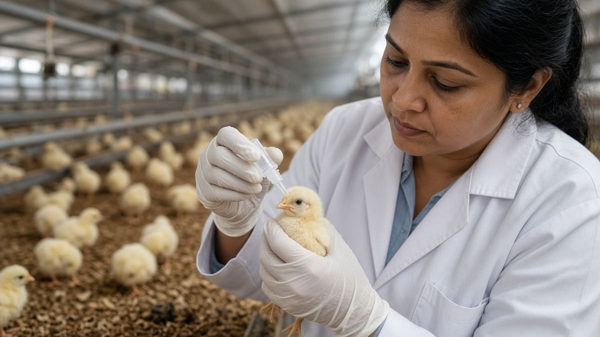 Indian mahila pashu chikitsak chooze ko aankh mein vaccine ki boond dete hue