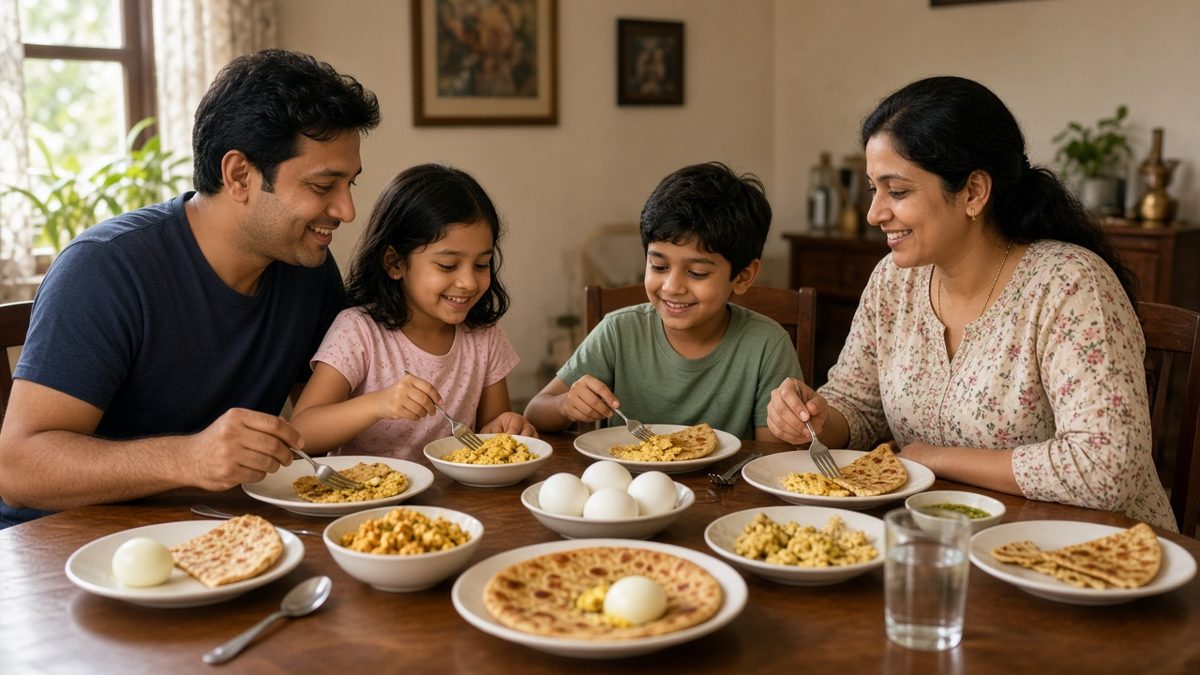 Indian parivaar naashte mein ande khaate hue